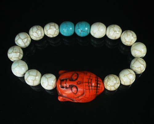 Turquoise Red Buddha Bead White Blue Veins Ball Beads Stretch Bracelet ZZ2368