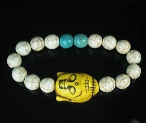 Turquoise Yellow Buddha Bead White Blue Veins Ball Beads Stretch Bracelet ZZ2369