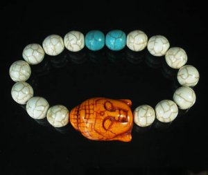 Turquoise Orange Buddha Bead White Blue Veins Ball Beads Stretch Bracelet ZZ2371