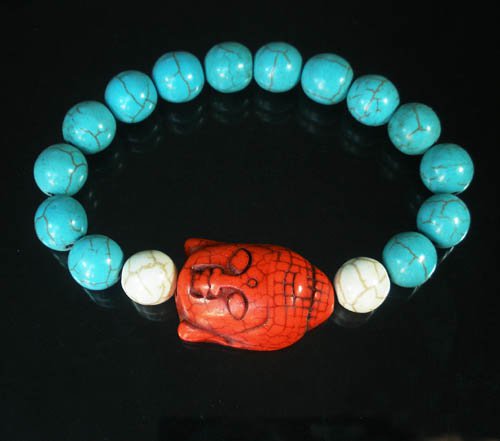 Turquoise Red Buddha Bead White Blue Veins Ball Beads Stretch Bracelet ZZ2374