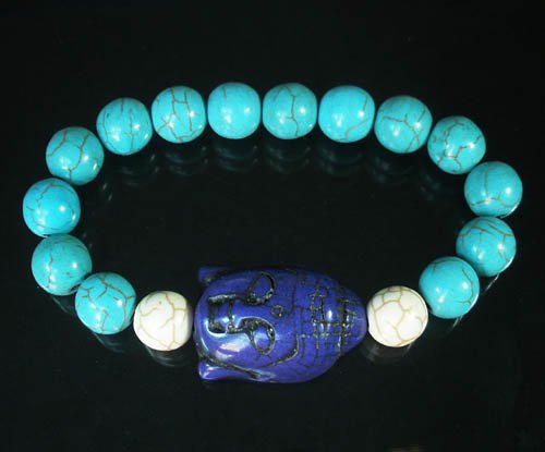 Turquoise Blue Buddha Bead White Blue Veins Ball Beads Stretch Bracelet ZZ2375