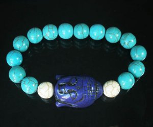 Turquoise Blue Buddha Bead White Blue Veins Ball Beads Stretch Bracelet ZZ2375
