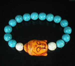 Turquoise Orange Buddha Bead White Blue Veins Ball Beads Stretch Bracelet ZZ2378