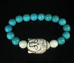 Turquoise White Buddha Bead White Blue Veins Ball Beads Stretch Bracelet ZZ2379