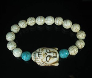 Turquoise White Buddha Bead White Blue Veins Ball Beads Stretch Bracelet ZZ2380