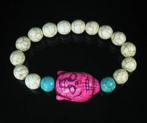 Turquoise Hot Pink Buddha Bead White Blue Veins Ball Beads Stretch Bracelet ZZ2381