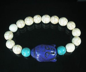 Turquoise Blue Buddha Bead White Blue Veins Ball Beads Stretch Bracelet ZZ2382