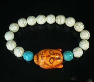 Turquoise Orange Buddha Bead White Blue Veins Ball Beads Stretch Bracelet ZZ2383
