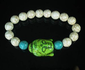 Turquoise Green Buddha Bead White Blue Veins Ball Beads Stretch Bracelet ZZ2384