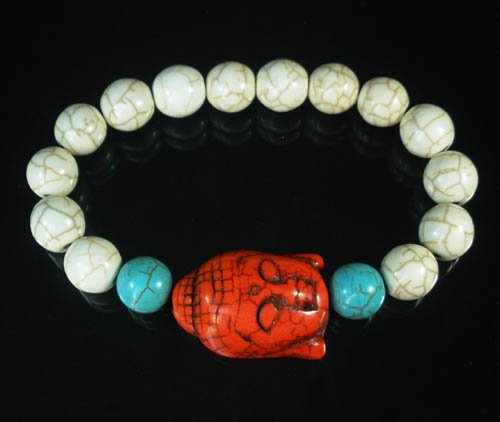 Turquoise Red Buddha Bead White Blue Veins Ball Beads Stretch Bracelet ZZ2386