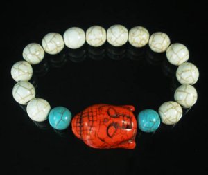 Turquoise Red Buddha Bead White Blue Veins Ball Beads Stretch Bracelet ZZ2386