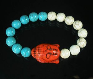 Turquoise Red Buddha Bead White Blue Veins Ball Beads Stretch Bracelet ZZ2387