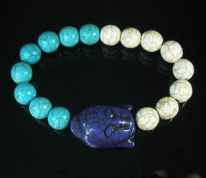 Turquoise Blue Buddha Bead White Blue Veins Ball Beads Stretch Bracelet ZZ2388