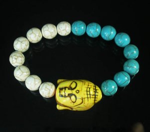 Turquoise Yellow Buddha Bead White Blue Veins Ball Beads Stretch Bracelet ZZ2389