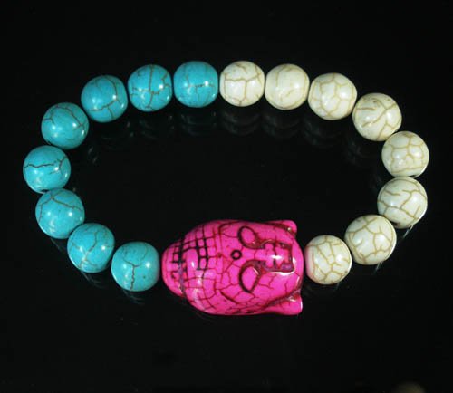 Turquoise Hot Pink Buddha Bead White Blue Veins Ball Beads Stretch Bracelet ZZ2390