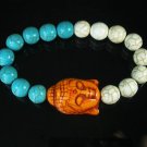 Turquoise Orange Buddha Bead White Blue Veins Ball Beads Stretch Bracelet ZZ2391