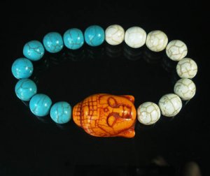 Turquoise Orange Buddha Bead White Blue Veins Ball Beads Stretch Bracelet ZZ2391