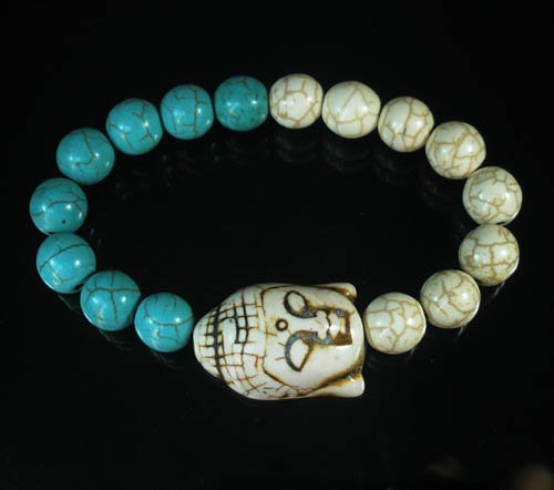 Turquoise White Buddha Bead White Blue Veins Ball Beads Stretch Bracelet ZZ2392