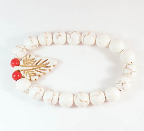 Turquoise White Leaf White Veins Ball Beads Stretch Bracelet ZZ2405