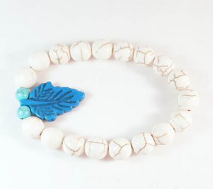 Turquoise Baby Blue Leaf White Veins Ball Beads Stretch Bracelet ZZ2406
