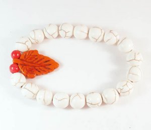 Turquoise Orange Leaf White Veins Ball Beads Stretch Bracelet ZZ2407