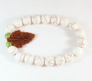 Turquoise Brown Leaf White Veins Ball Beads Stretch Bracelet ZZ2409