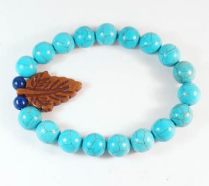 Turquoise Brown Leaf Baby Blue Veins Ball Beads Stretch Bracelet ZZ2410