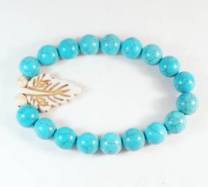Turquoise White Leaf Baby Blue Veins Ball Beads Stretch Bracelet ZZ2413