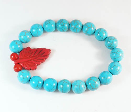 Turquoise Red Leaf Baby Blue Veins Ball Beads Stretch Bracelet ZZ2414
