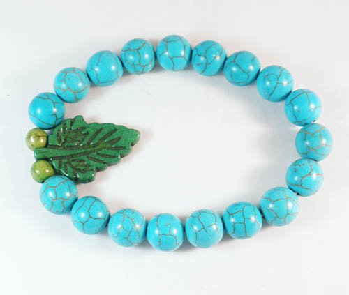 Turquoise Green Leaf Baby Blue Veins Ball Beads Stretch Bracelet ZZ2415