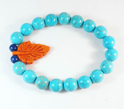 Turquoise Orange Leaf Baby Blue Veins Ball Beads Stretch Bracelet ZZ2416