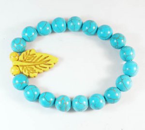 Turquoise Yellow Leaf Baby Blue Veins Ball Beads Stretch Bracelet ZZ2417