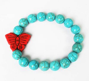 Turquoise Red Butterfly Baby Blue Veins Ball Beads Stretch Bracelet ZZ2419