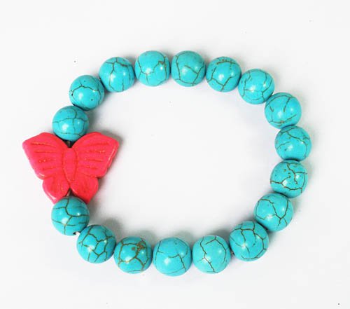 Turquoise Pink Butterfly Baby Blue Veins Ball Beads Stretch Bracelet ZZ2421