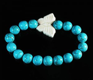 Turquoise White Butterfly Baby Blue Veins Ball Beads Stretch Bracelet ZZ2422