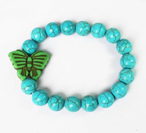 Turquoise Green Butterfly Baby Blue Veins Ball Beads Stretch Bracelet ZZ2423