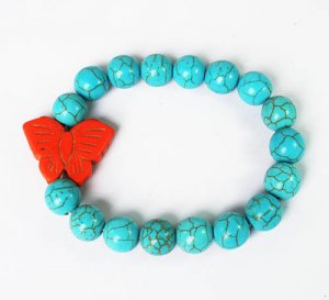 Turquoise Orange Butterfly Baby Blue Veins Ball Beads Stretch Bracelet ZZ2424