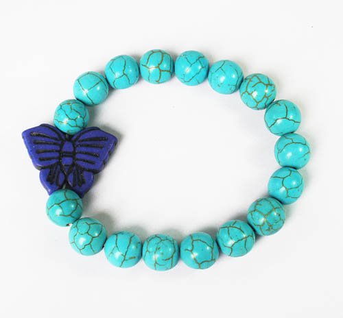 Turquoise Dark Blue Butterfly Baby Blue Veins Ball Beads Stretch Bracelet ZZ2425