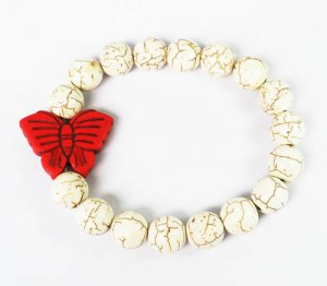 Turquoise Red Butterfly White Veins Ball Beads Stretch Bracelet ZZ2429