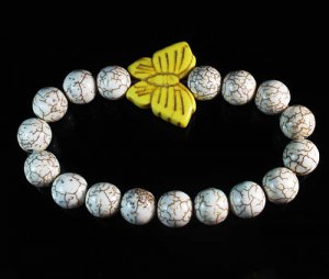 Turquoise Yellow Butterfly White Veins Ball Beads Stretch Bracelet ZZ2430