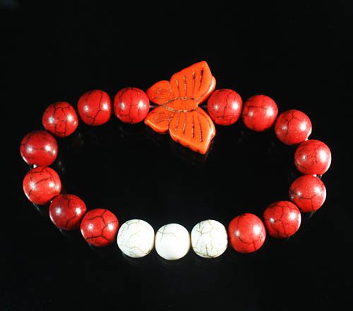 Turquoise Orange Butterfly Red White Veins Ball Beads Stretch Bracelet ZZ2434