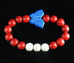 Turquoise Blue Butterfly Red White Veins Ball Beads Stretch Bracelet ZZ2435