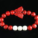 Turquoise Red Butterfly Red White Veins Ball Beads Stretch Bracelet ZZ2436