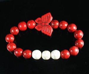 Turquoise Red Butterfly Red White Veins Ball Beads Stretch Bracelet ZZ2436