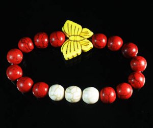 Turquoise Yellow Butterfly Red White Veins Ball Beads Stretch Bracelet ZZ2438