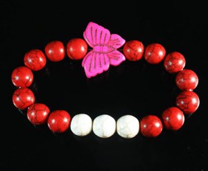 Turquoise Pink Butterfly Red White Veins Ball Beads Stretch Bracelet ZZ2439