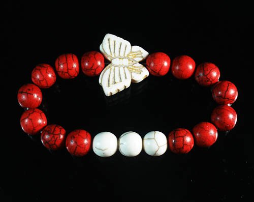 Turquoise White Butterfly Red White Veins Ball Beads Stretch Bracelet ZZ2440