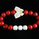 Turquoise White Butterfly Red White Veins Ball Beads Stretch Bracelet ZZ2440