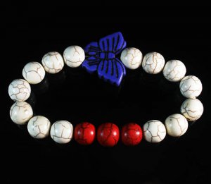 Turquoise Blue Butterfly Red White Veins Ball Beads Stretch Bracelet ZZ2443
