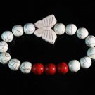 Turquoise White Butterfly Red White Veins Ball Beads Stretch Bracelet ZZ2448